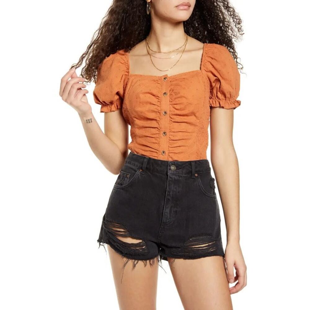 BP. Swiss Dot Ruched Puff Sleeve Top Rust Orange Size M